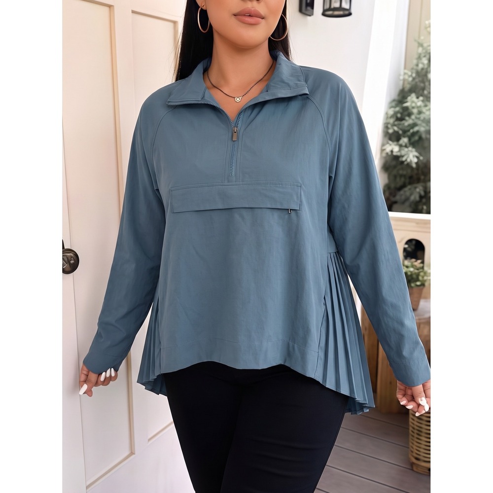 Athleta Sojourn Pleat Pullover Oversize Athleisure Small Blue Green 1/4 Zip Top